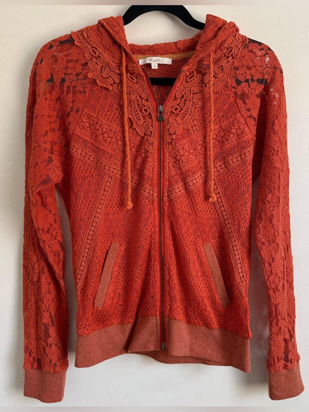 Miss Me Y2K Crochet Lace Zip Hoodie - Burnt Orange Size L